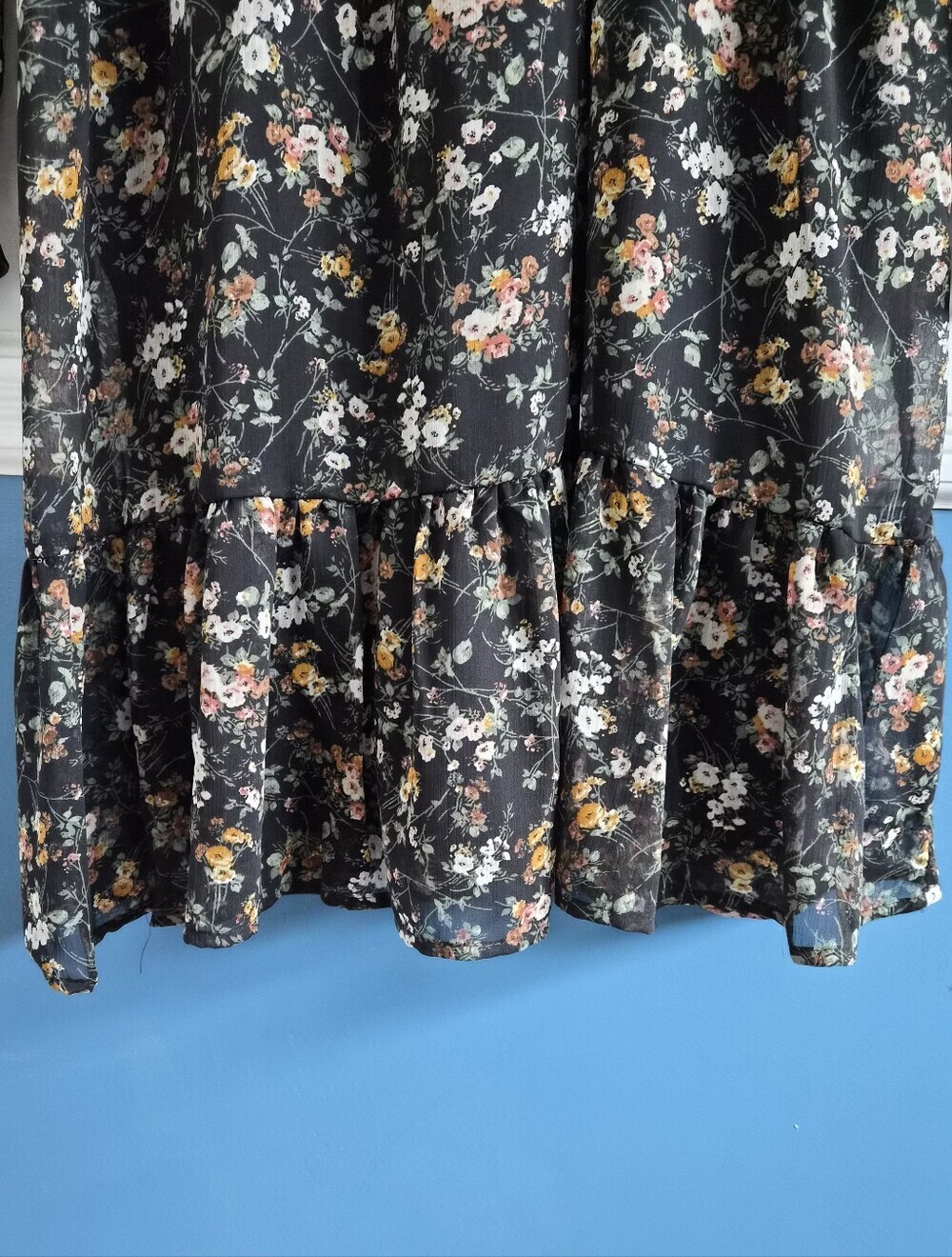 Dex Black Floral Chiffon Boho Long Sleeve Mini Dress, Medium, Cottagecore Vibes - Picture 10 of 14